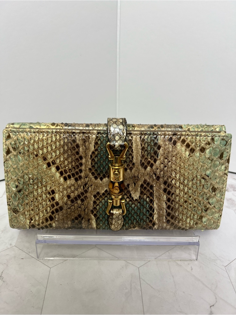 Vintage Gucci Python “Jackie”Leather Clutch Wallet in Green-Brown - Picture 2 of 8